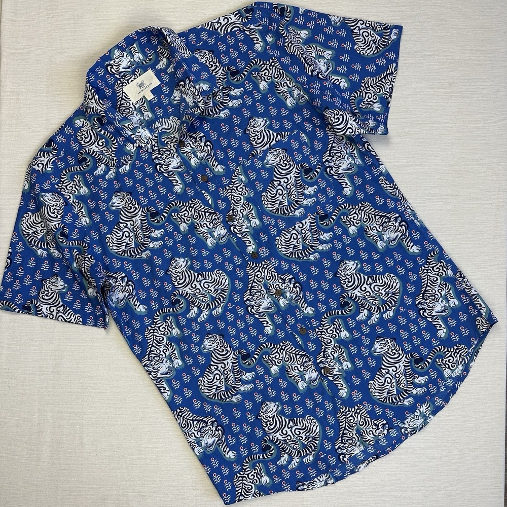 Printfresh The Leo Shirt Tiger Queen Button Shirt Short Sleeve Men Large Blue